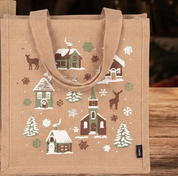 Snowy Village Jute Gift Bag — Christmas wholesale collection by Jute Pacifica