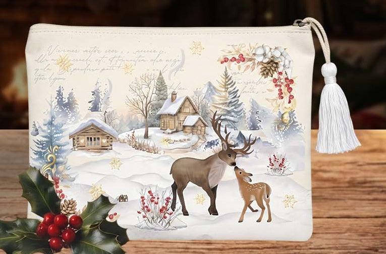 Winter Deer Canvas Toiletry Pouch — Christmas wholesale collection by Jute Pacifica