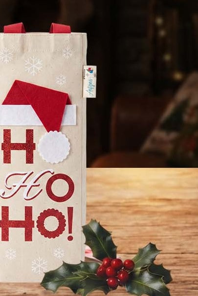 Ho Ho Ho Glitter Canvas Bottle Bag — Christmas wholesale collection by Jute Pacifica